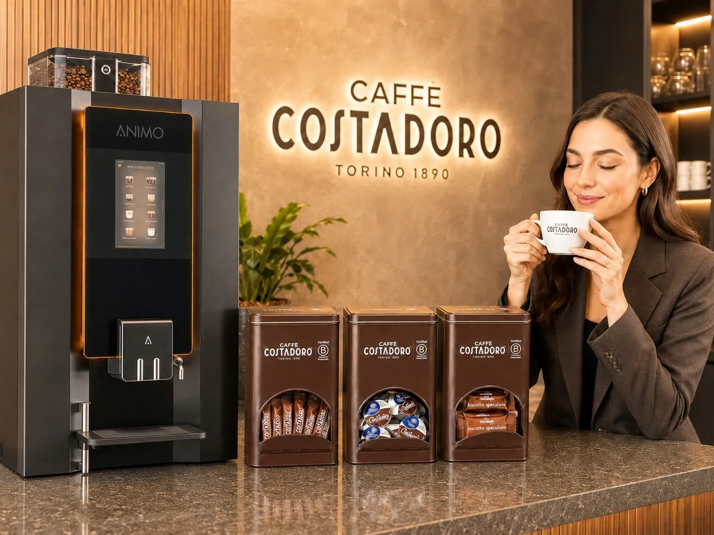 Animo OptiBean X12 koffieautomaat met Costadoro-blikken op kantoor
