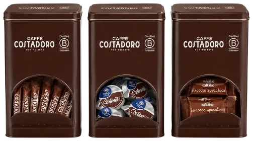 Costadoro bewaarblikken met suikersticks, koffiekoekjes en melkcups