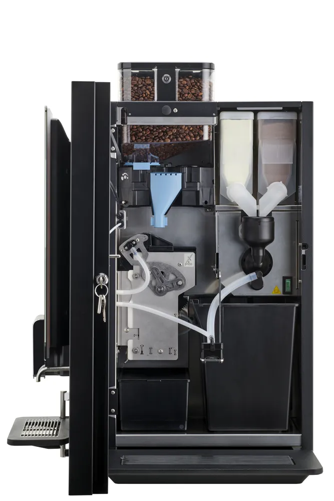 Binnenkant van de Animo OptiBean X12 met bonencanisters en instant-canisters