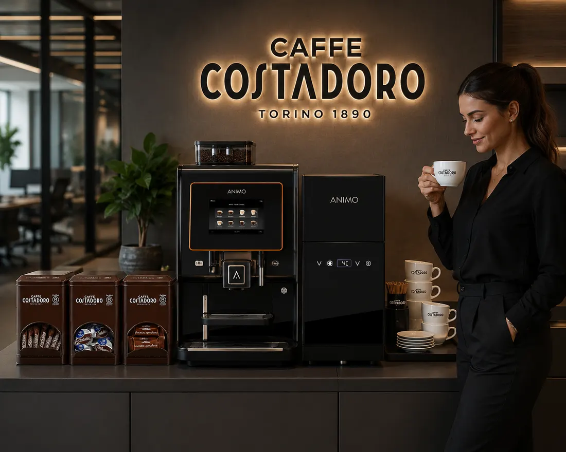 Costadoro-koffiehoek op kantoor met Animo-machine en melkkoeler