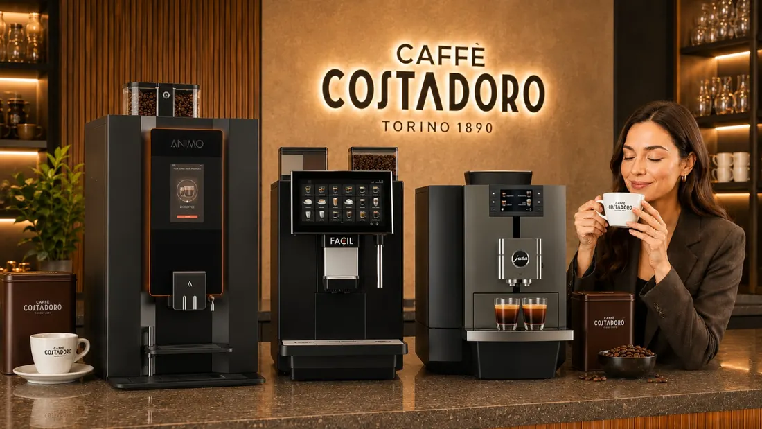 Animo-, Facil- en Jura-koffiemachines naast elkaar in Costadoro-koffiehoek