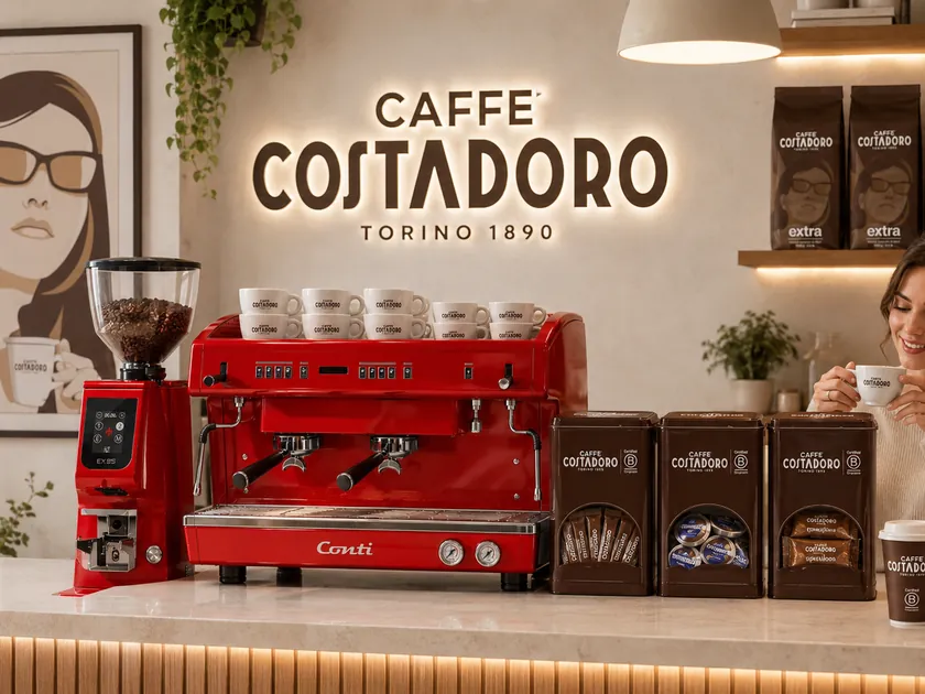 Rode Conti-espressomachine met Costadoro-blikken op de bar