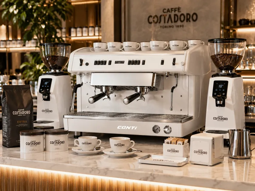 Witte Conti-espressomachine met twee molens, Costadoro-servies en accessoires op de bar