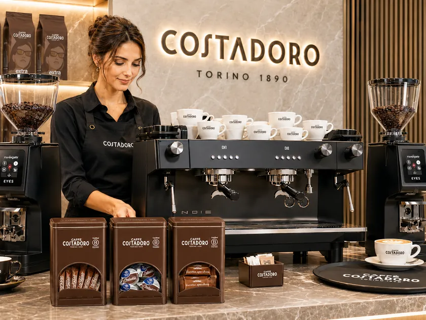 Barista bij een complete Costadoro-espressobar met molens en blikken
